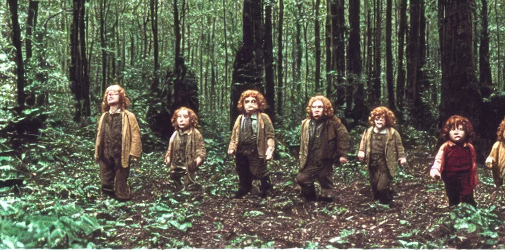 Prompt: A full color still from a Stanley Kubrick film featuring four hobbits, from behind, in a dark forest, 35mm, 1975