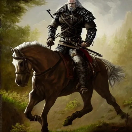 Prompt: geralt of rivia wearing riding a horse through a dark forest, highly detailed, oil painting