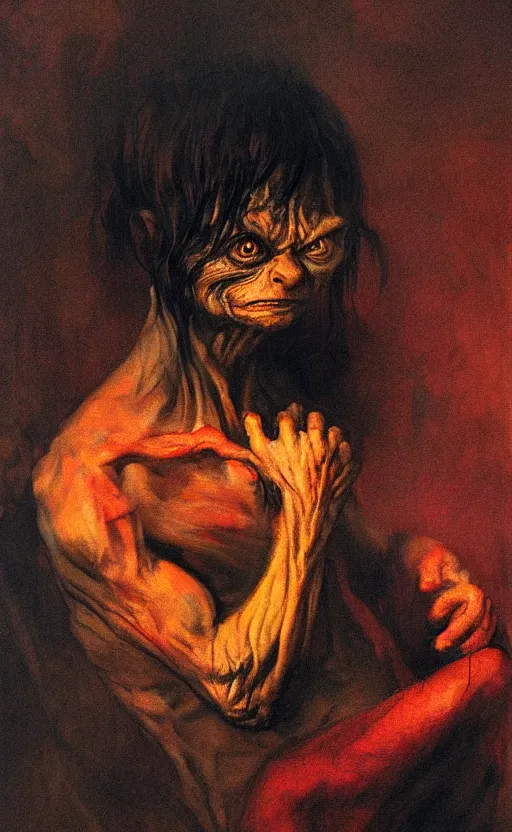 Prompt: a beautiful painting of gollum holding the ring and crying, by rembrandt, rembrandt lighting, beautiful composition and structure, high contrast, high saturation, vivid ember colors, cross hatching featured on artstation, shading study, lighting study