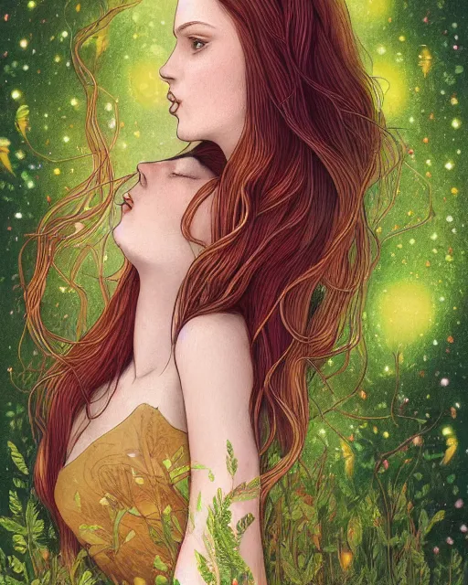 Prompt: a young woman, admiring the lights of golden fireflies, sitting in the midst of nature fully covered, long loose red hair, intricate linework, green eyes, small nose with freckles, oval shape face, soft happy smile, realistic, expressive emotions, mystical scene, hyper realistic ultrafine detailed illustration by james jean