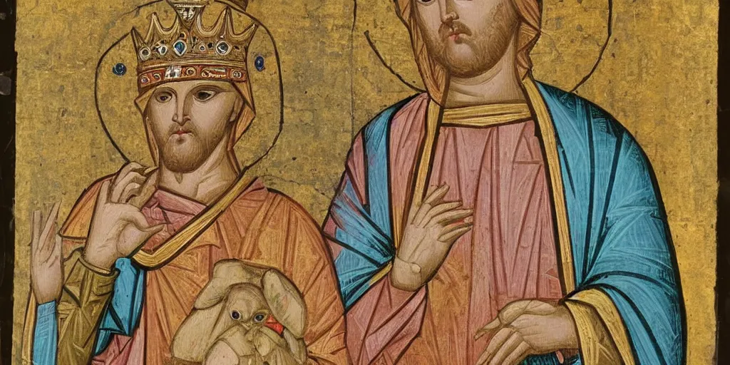 Image similar to byzantine art of a rabbit wearing a crown