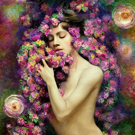 Prompt: This experimental art is a large canvas, covered in a wash of color. In the center is a cluster of flowers, their petals curling and twisting in on themselves. The effect is ethereal and dreamlike, and the overall effect is one of serenity and peace. comic book art by Thomas Benjamin Kennington peaceful