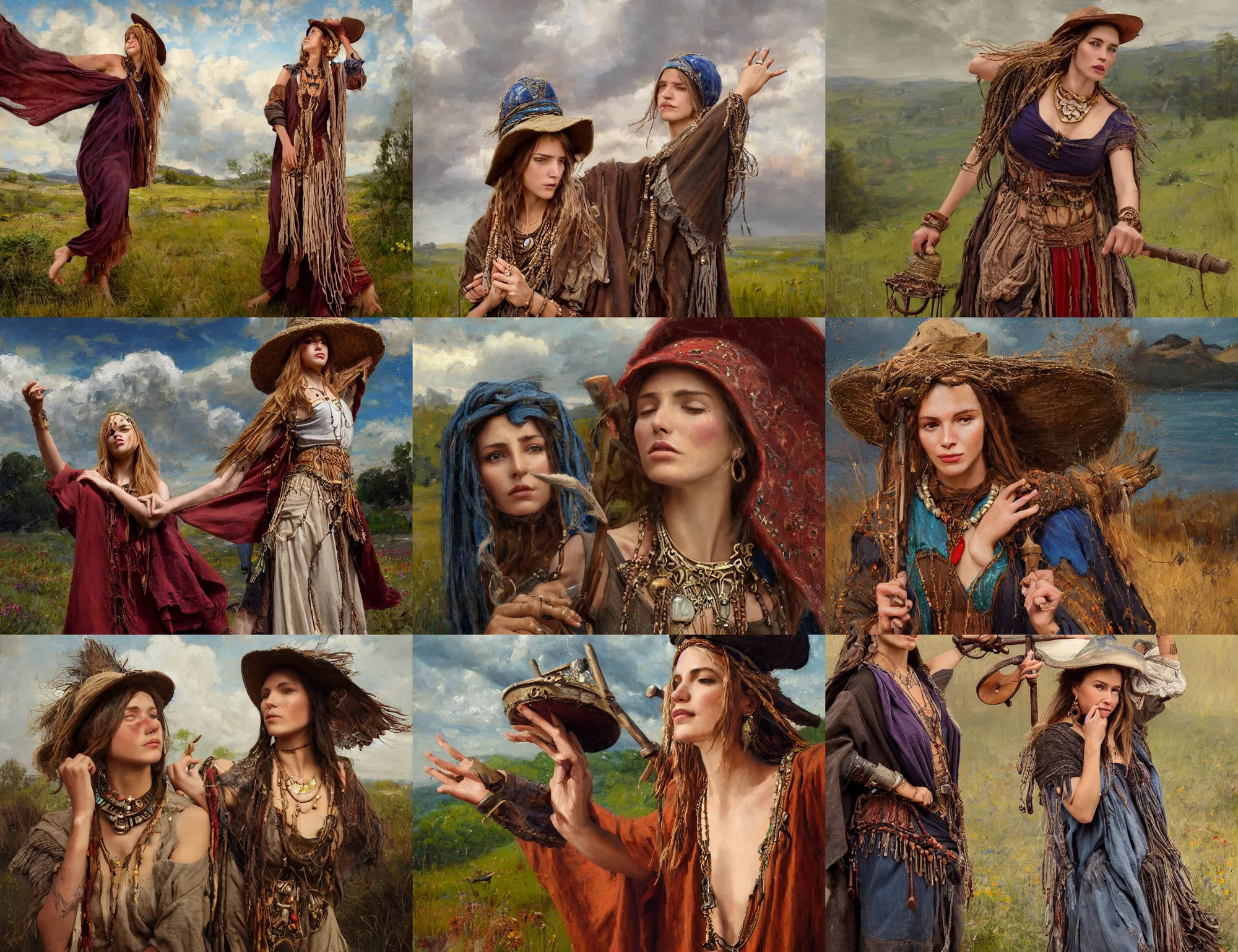 Prompt: portrait of medieval farmer fashionable young woman with wooden jewelry, frantic dancing pose, mediterranean features, wearing rich jewerly and hat and boho poncho, shaman witch, fantasy character close up portrait, low view, thunder clouds in the sky, artwork by Jeremy Lipkin and Giuseppe Dangelico Pino and Michael Garmash and rob rey, levitation, industrial rusty pipes, simple form, brutal shapes
