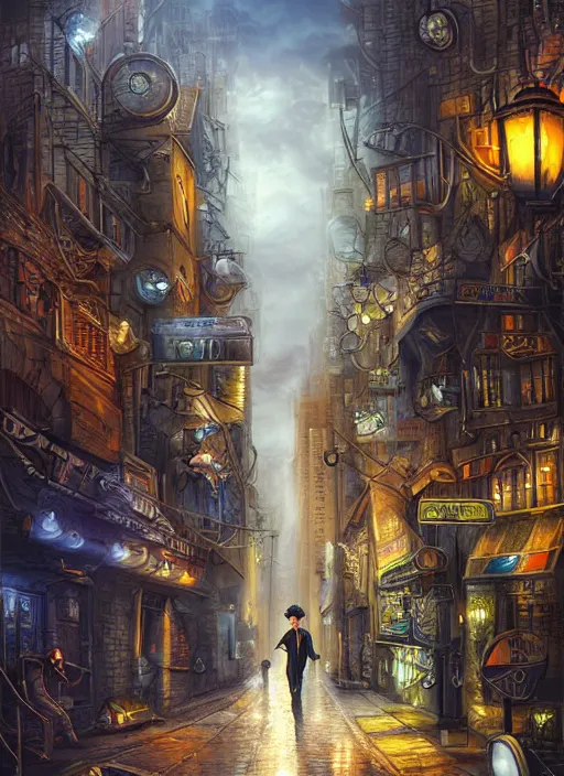 Prompt: techno sherlock holmes on a city street, futuristic, digital painting, detailed, realistic, digital art, by alayna lemmer