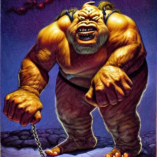 Image similar to Fantasy illustration by Clyde Caldwell The ogre snores in its sleep, its head bobbing from side to side. You reach down to the belt at its waist and feel for the ring of keys hanging from it.