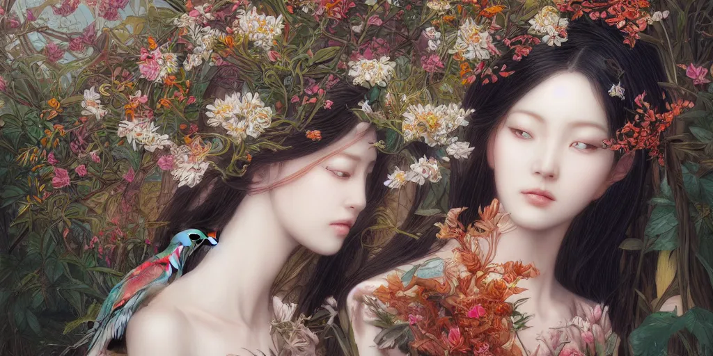 Prompt: breathtaking detailed concept art painting of the goddess of exotic bird, orthodox saint, with anxious, piercing eyes, ornate background, amalgamation of leaves and flowers, by hsiao - ron cheng and john james audubon and miho hirano, extremely moody lighting, 8 k