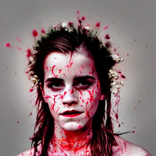 Image similar to 3 5 mm coloured film portrait of emma watson as aghori sadhu covered in ash creature, hyperrealism, celestial red flowers vibe, photorealistic, detailed, atmospheric, 8 k, award winning photography, cinematic