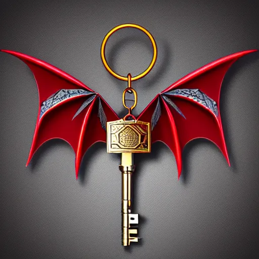 Prompt: a 3d game object of the metal key for the cage, very realistic, with dragon wings and large red diamond in it, it is very detailed, on the white background, rpg game inventory item