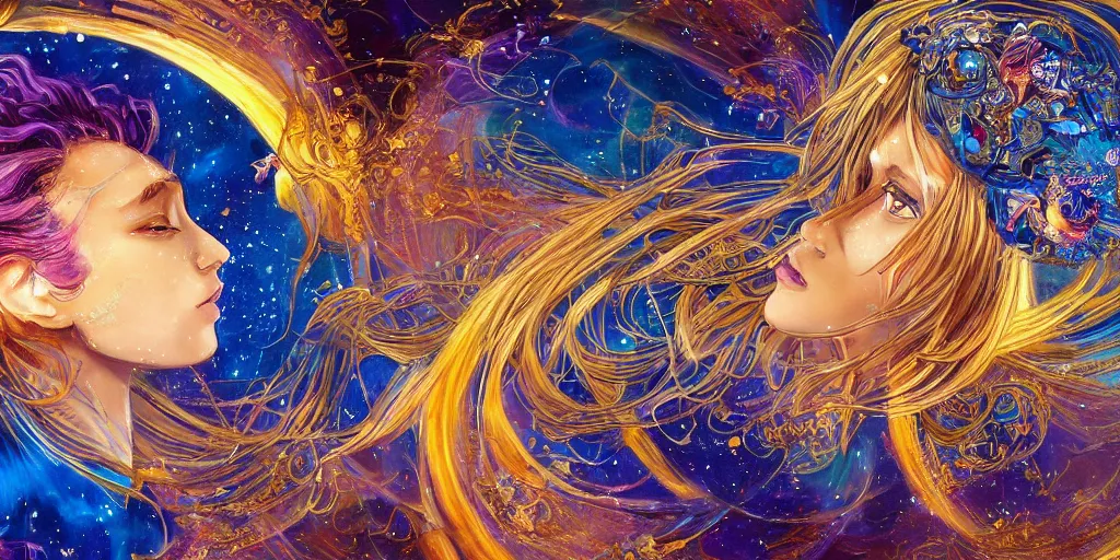 Prompt: a golden goddess with blue adornments quarter turn figurative anime portrait, in space, transcending to a higher plane, blasting into outer space, the eternal blessing the holy nexus, in the multiverse, lazer light beaming down to top of her head, by android jones, digital painting, 4k wallpaper, intricate detail, brush strokes, masterpiece, by Ilya Kuvshinov, by Rembrandt, by Thomas Kinkade, by Moebius, By Tite Kubo, by Kentaro Miura, beautiful, gorgeous, hyperspace