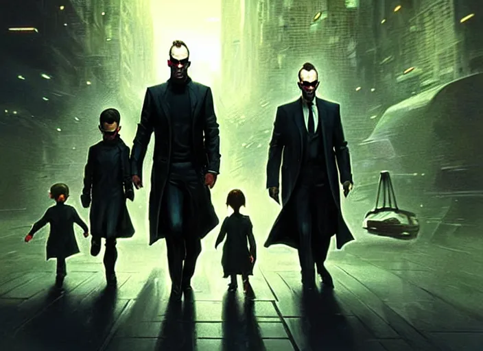 Image similar to agent smith helping small children cross the street in the matrix. digital painting. greg rutkowski. fantasy artwork.