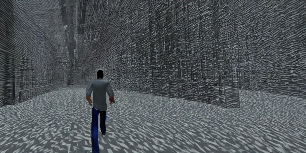 Image similar to PS1 game, third person, man walking through city, static white noise glitching in the sky