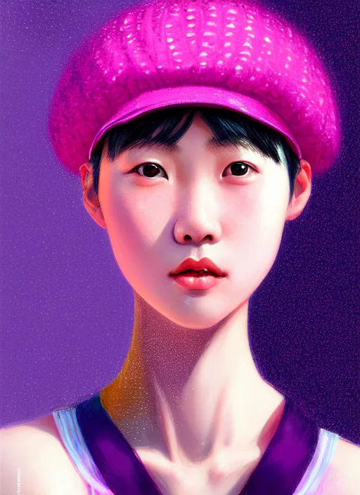 Image similar to portrait of chinese girl with bright pink hair, curly pixie cut hair, wearing a purple cap, breton cap, intricate, elegant, glowing lights, highly detailed, digital painting, artstation, concept art, smooth, sharp focus, illustration, art by wlop, mars ravelo and greg rutkowski