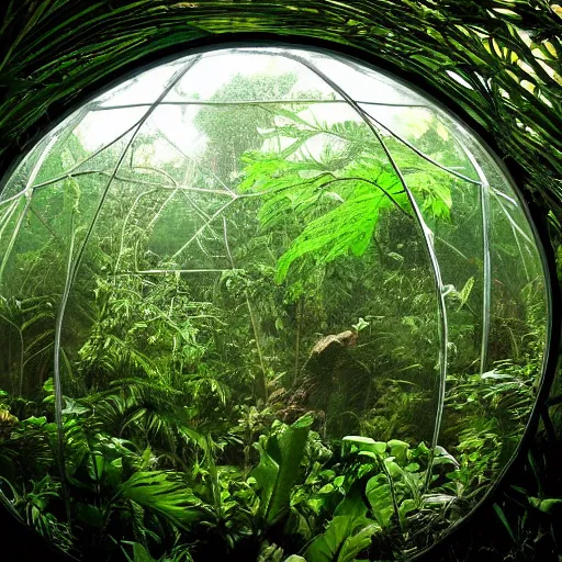 Prompt: photo of a beautiful rainforest habitat in a dome on the moon