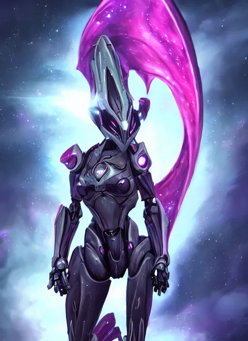 Image similar to cinematic shot, cosmic sized perfectly proportioned stunning beautiful hot female warframe, robot mecha female dragon head, mecha deagon maw, silver armor, fuschia leds, floating in empty space, nebula sized, holding a galaxy, epic proportions, epic size, epic scale, furry art, dragon art, giantess art, warframe fanart, furaffinity, deviantart