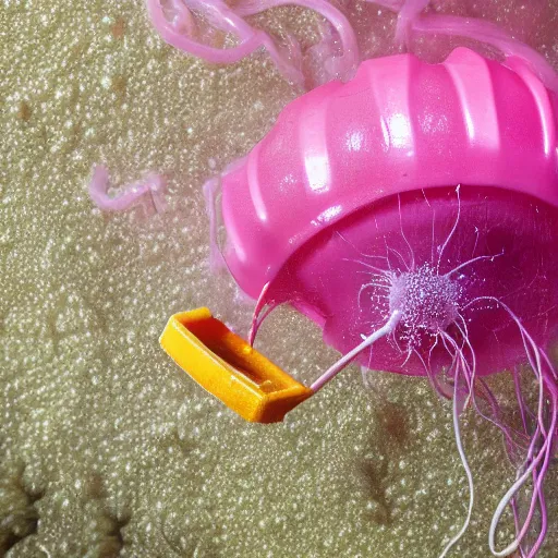 Image similar to pink jellyfish hits Sponge Bob with a metal sieve