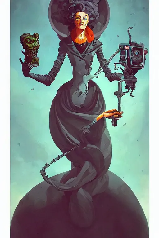 Prompt: portrait of mad lady scientist, stylized illustration by peter mohrbacher, moebius, mike mignola, colorful comics style,