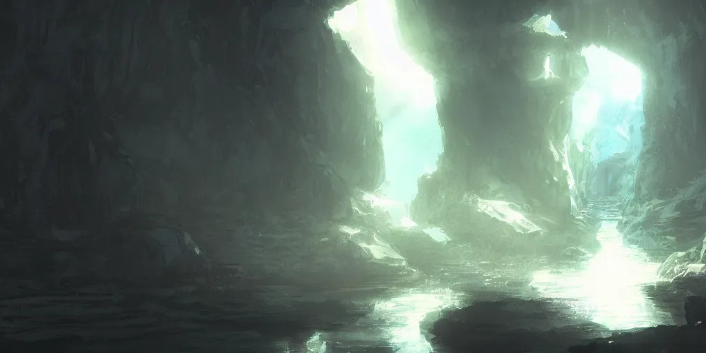 Image similar to an eerie deep and dark cave by makoto shinkai