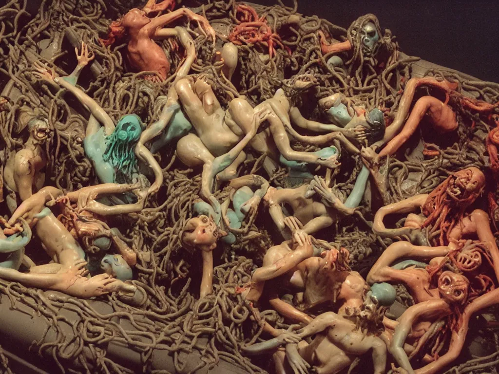 Image similar to the raft of the medusa as an animatronic schlock body horror film, play-doh, neon lights, rubber latex, fleshy, Cronenberg, Rick Baker, dramatic film still, daylight, photo real, extremely detailed, wet, slimy, wide angle, rule of thirds, 28mm, 1984, vivid colors, Eastman EXR 50D 5245/7245