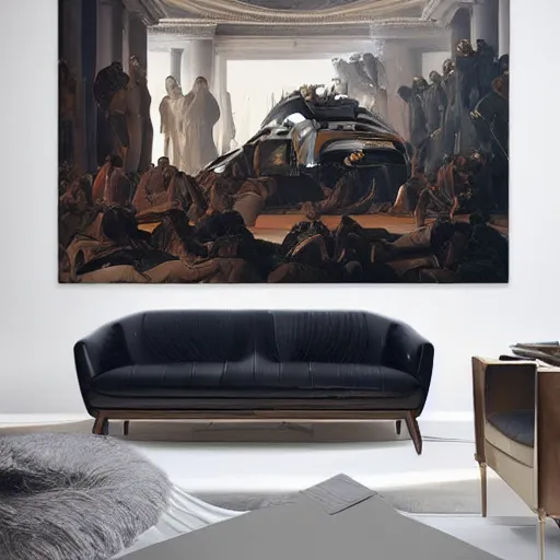 Image similar to sci-fi organic zaha hadid car 30% of canvas and wall structure in the coronation of napoleon painting by Jacques-Louis David and in the blade runner 2049 film search pinterest keyshot product render 4k in dark plastic