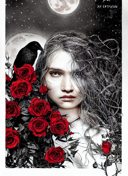 Image similar to golden elements at borders, side portrait , A young witch and a crow in front of the full big moon, creative book cover, winner of design award, red roses, red white black colors, establishing shot, extremly high detail, foto realistic, cinematic lighting, pen and ink, intricate line drawings, by Yoshitaka Amano, Ruan Jia, Kentaro Miura, Artgerm, post processed, concept art, artstation, matte painting, style by eddie, raphael lacoste, alex ross