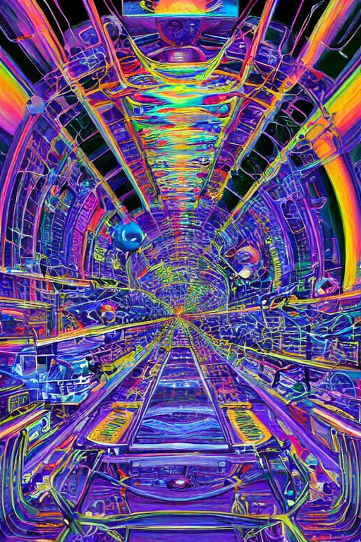 Image similar to a painting of the interior of an international space station filled with electronic equipment, an ultrafine detailed painting by alex grey, behance contest winner, psychedelic art, psychedelic, outlined art, poster art