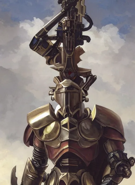 Image similar to medium-length portrait of a male paladin with short curly hair and a dark beard, dark brown skin, happy expression, wears a suit of power armor, gundam, holding buster sword aloft, medieval setting, highly detailed, digital painting, artstation, concept art, sharp focus, illustration, art by greg rutkowski and alphonse mucha