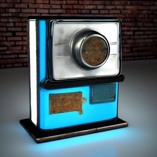 Image similar to an old, filthy, broken, 1960s-era, retro device, made of brushed steel, for displaying recipes, digital pong screen, set on an old, rusty, retro, kitchen counter, in a retro diner, dramatic constrasting light, blue lumionous mysterious lighting, redshift render, but as high contrast photography, featured on behance, golden ratio, f32, well composed, cohesive, from the show X-Files