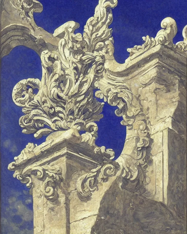 Image similar to achingly beautiful painting of intricate ancient roman corinthian capital on brilliant sapphire background by rene magritte, monet, and turner. giovanni battista piranesi.