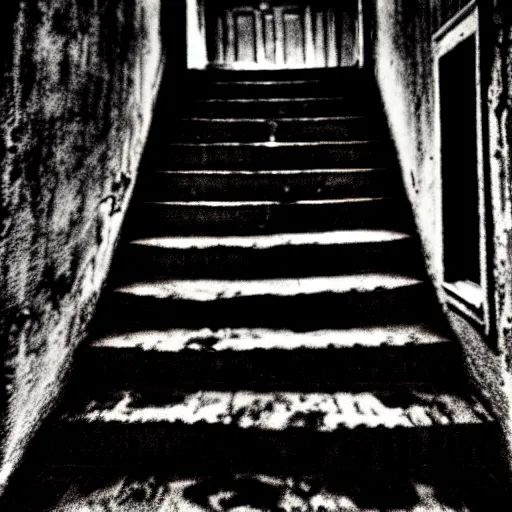 Image similar to grainy photograph of a dark and dilapidated staircase with 2 1 savage sitting on the bottom step, positioned at the bottom step looking up the staircase, a ghost inn the darkness at the top of the stairs