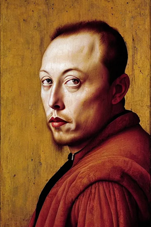 Prompt: renaissance 1 6 0 0 portrait of elon musk, oil painting by jan van eyck, northern renaissance art, oil on canvas, wet - on - wet technique, realistic, expressive emotions, intricate textures, illusionistic detail