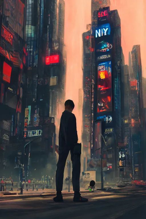 Prompt: An equipped detailed man in the middle of New York City cyberpunk, futuristic, oil painting, unity engine, wide angle, anime styled 3d, trending on artstation, high definition, god rays, caustics