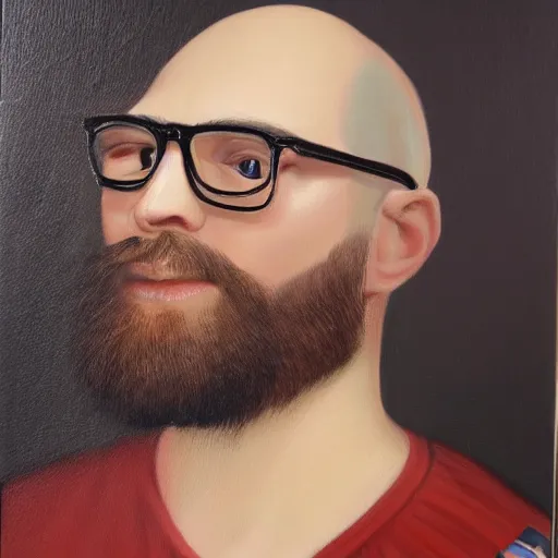 Prompt: oil painting, portrait of a young bald bearded man wearing glasses, highly detailed, trending on artstation