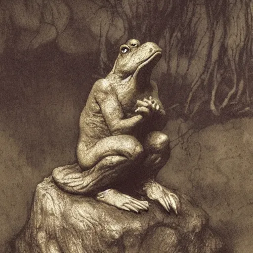 Prompt: toad philosopher toad in a pose The Thinker, swamp, by Auguste Rodin, illustrations by irish fairy tales james stephens arthur rackham, fairy tale illustrations, top cinematic lighting , cinematic mood, very detailed, shot in canon, 8k, toad hand, high resolution