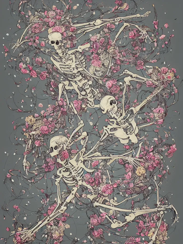 Image similar to a photo of a skeleton covered in flowers in a dynamic pose, in the style of james jean and peter mohrbacher, highly detailed, soft lighting, trending on artstation