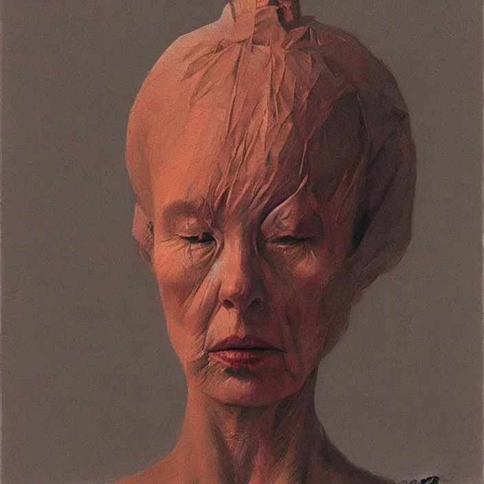 Image similar to woman portrait with a paper bag over the head, highly detailed, artstation, art by zdislav beksinski, wayne barlowe, edward hopper