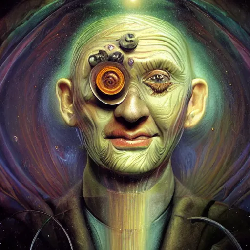 Image similar to full face close up portrait, sandman god of dreams wearing a plague - doctor mask, deliver me cosmic sight, by patrick woodroffe, by igor morski, by laurie lipton, cinematic lighting, volumetric lighting, neosurrealism, realistic shadows, sandman, particle effects, rendered in octane, psychedelic, cosmic, fantasy