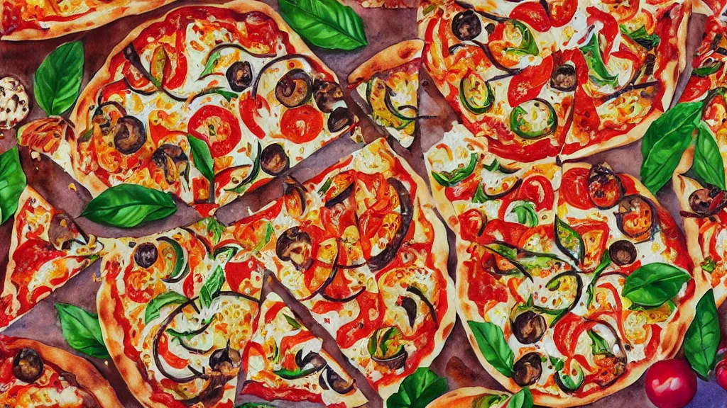 Prompt: maximalist delicious pizza, by kseniia yeromenko, watercolor, illustration, zoomed out