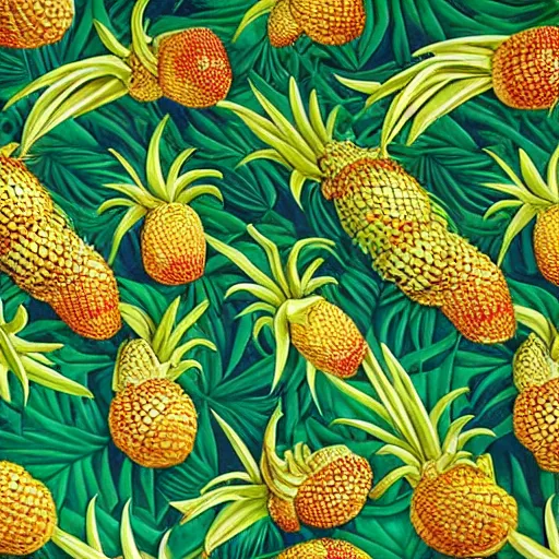 Image similar to pineapples and bananas in the jungle by kehinde wiley