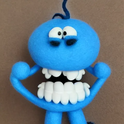 Image similar to mr meeseeks as a muppet. highly detailed blue felt. hyper real photo. 4 k.