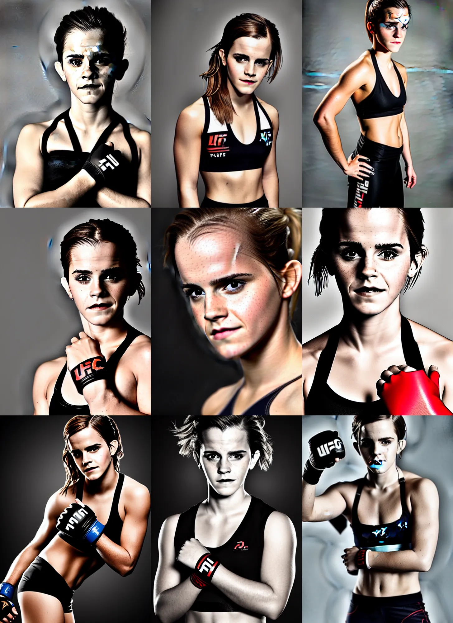 Prompt: promotional portrait photo of emma watson as a ufc fighter, studio lighting, realistic, wide shot