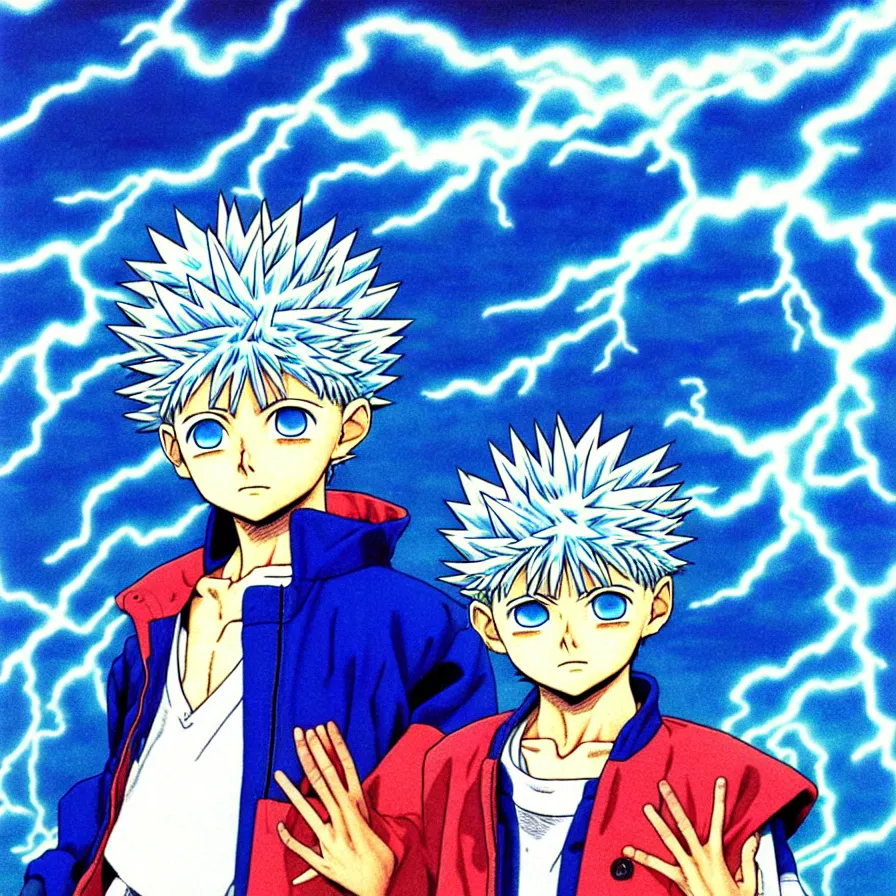 Image similar to killua zoldyck by mœbius, overdetailed art, blue and white colorful, record jacket, thunderstorms,