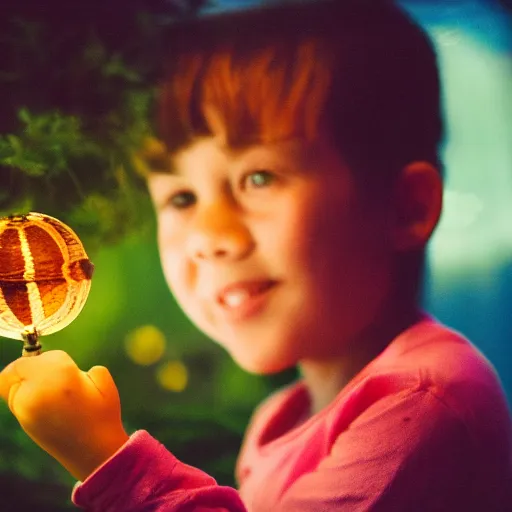 Prompt: closeup portrait of beautiful kid looking through a aquarium fish ball, the kid is in a tent with a lantern, excitement, surprise, happiness, professional photoshoot, kodak portra, photographed in film, soft and detailed, realistic, bokeh
