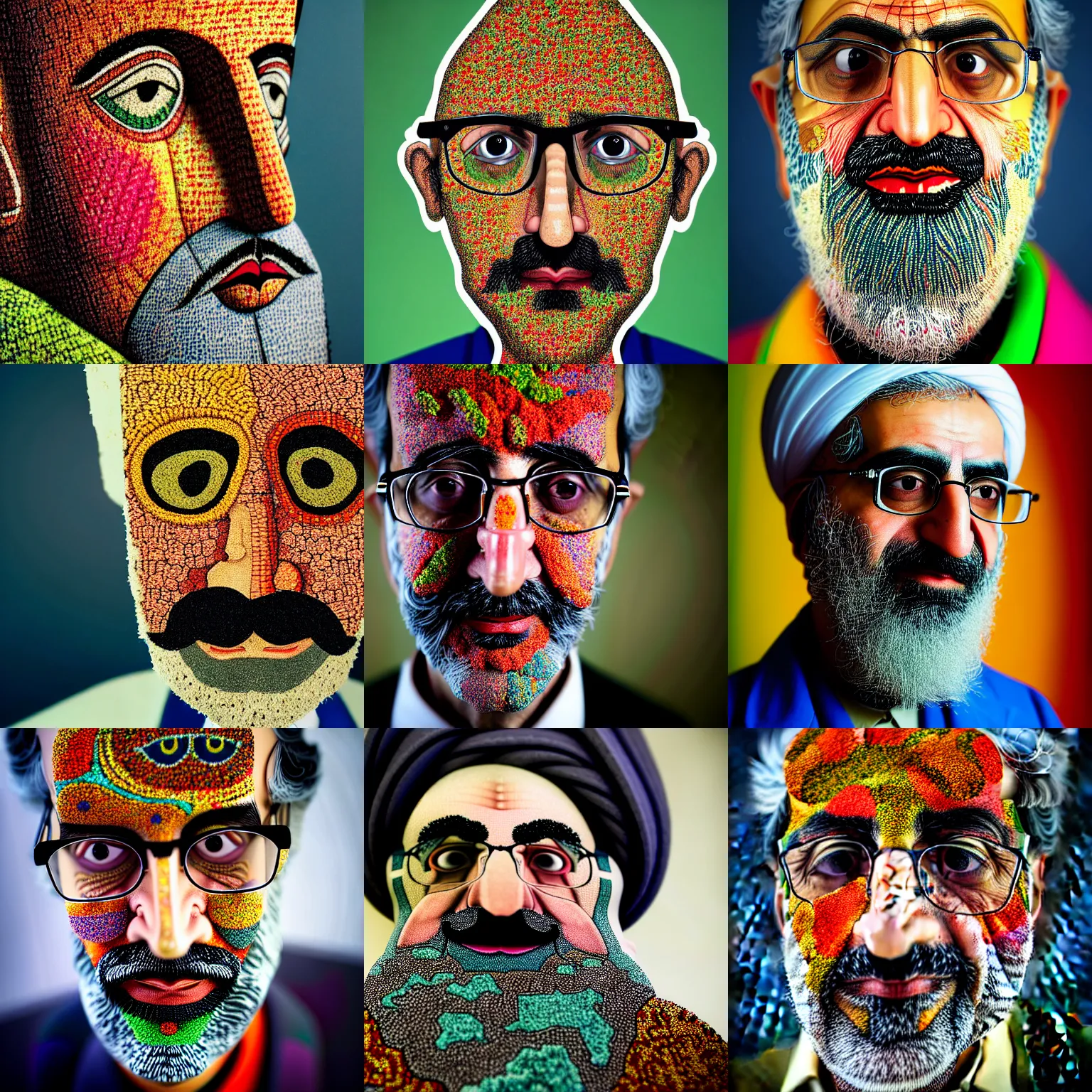 Prompt: close up portrait of a carpeted figure of a Iranian scientist, anatomically correct, colourful, lots of detail, depth of field, intricate, delicate, by Jonas Jensen, Magnum photos