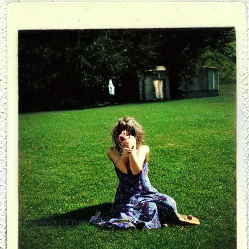 Prompt: woman at lawn, polaroid photography in style of andrey tarkovski, mystical, faith, sense of paranormal