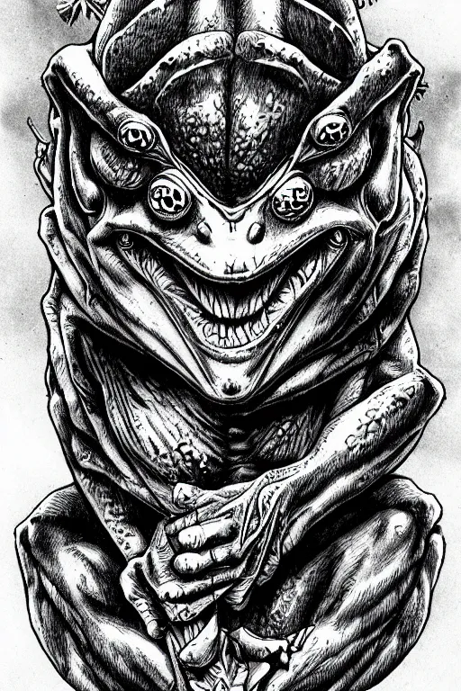 Image similar to frog goblin, symmetrical, goblin, highly detailed, digital art, sharp focus, trending on art station, kentaro miura manga art style