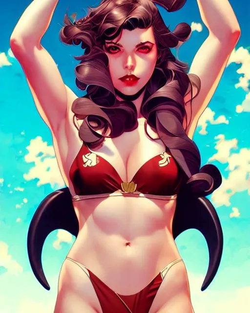 Image similar to artgerm, joshua middleton and sandra chevrier comic cover art, prettyanime girl in bikini, symmetrical eyes, scales, beautiful, rim lighting, vivid colors