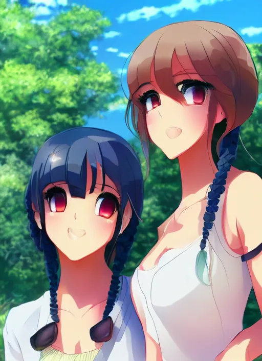 Image similar to two beautiful women under a blue sky, casual summer clothes, gorgeous faces, thick lines, cinematic lighting, detailed anime art