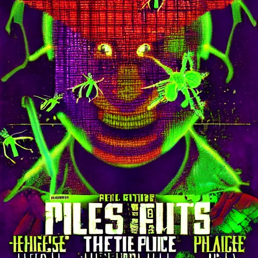 Prompt: plague of insects insect plague 🪰🪰🪰🪰🪰🪰🪰🪰🪰🪰🪰🪰🪰 bugs psychoactive 🪰. Silence of the lambs movie poster. radioactive. pixel glitching. cool hack cyberpunk. 🪰🪰🪰🪰🪰. psychadelic rainbow colors. superglitch. wallhack