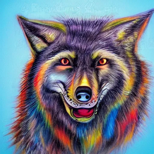 Image similar to realistic portrait of retarded wolf, eyes in different directions, vivid colors, very ugly face, missing teeth