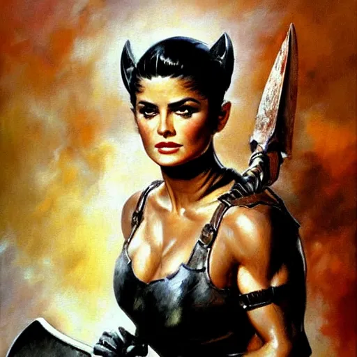 Image similar to a frank frazetta oil painting of selina gomez as a beautiful muscular salma hayek wearing black armor holding a large battle axe, dynamic shot, hd 4 k, intricate, highly detailed, atmospheric, sharp